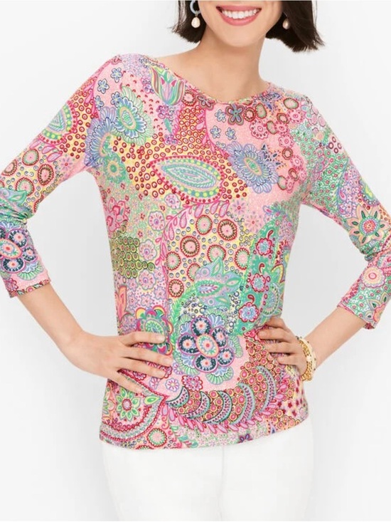 Talbots Tops - Talbots Bateau Neck Dreamy Paisley 3/4 Sleeve Cotton Tee